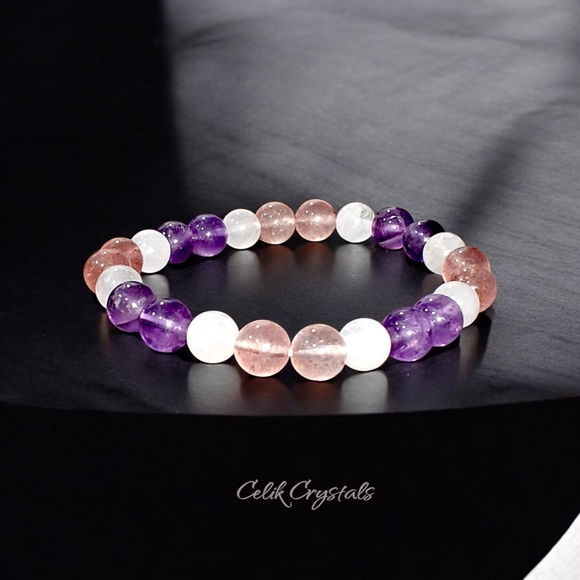 Amethyst, Strawberry Quartz, White Quartz Bracelet Natural Stones 8mm Stretches - Picture 1 of 7